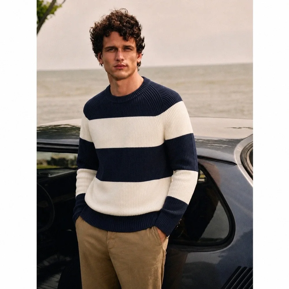 J. Crew Cotton Ribbed Sweater XL Men Navy White Striped Crewneck Pullover Preppy